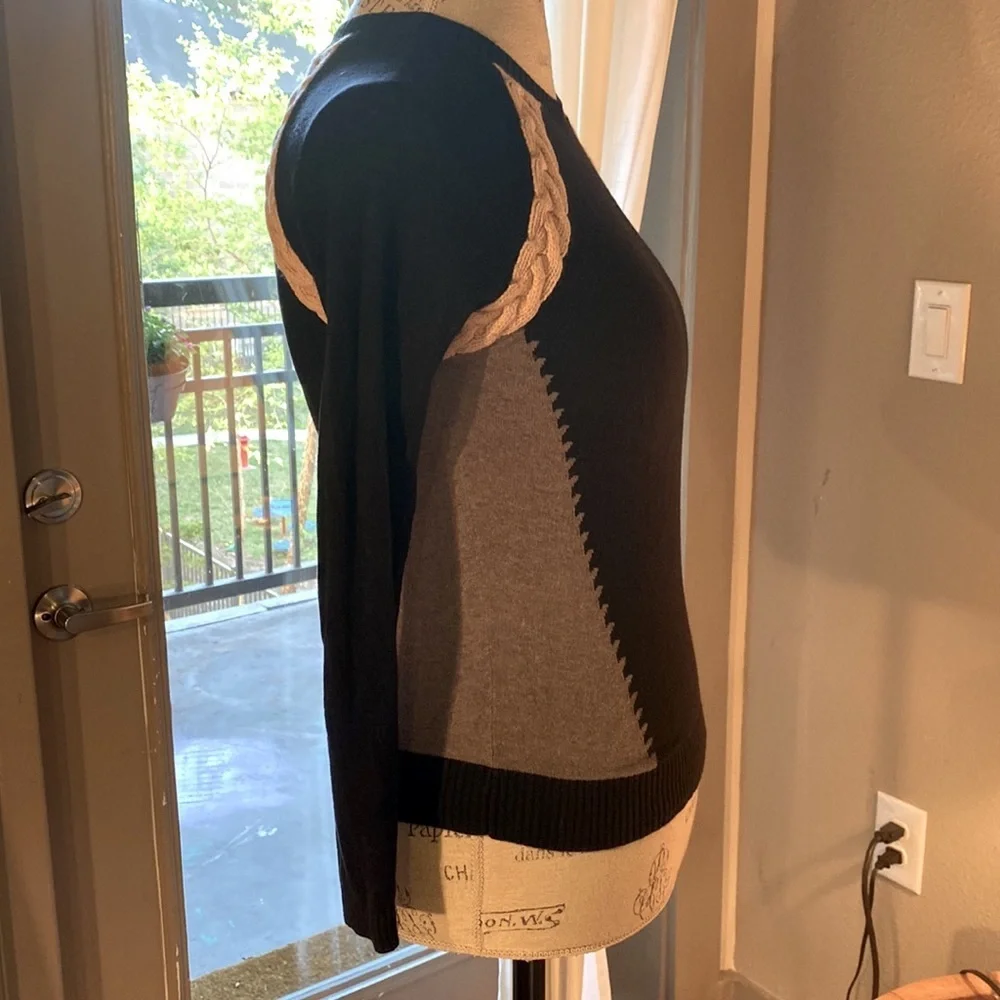 SI-IAE cableknit trim sweater shirt longsleeve black tan & gray cashmere top XS - Picture 2 of 7